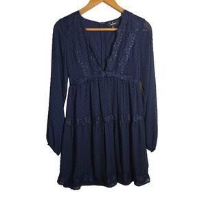 Lulu's‎ Swiss Dot Long Sleeve Tiered Lace Trim Dress Boho Preppy Fairy Medium